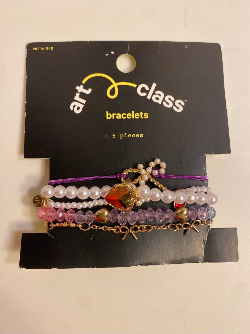 NWT Art Class Girls 5pc Bracelet Set Gold Pearl Heart Bow Pink Purple Beaded